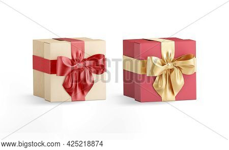 Blank Red And Gold Gift Box Ribbon Bow Mockup, Isolated, 3d Rendering. Empty Festive Care Package Fo