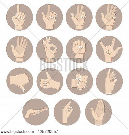 Hands Gestures Set, Counting Fingers. Vector Of Gesture Fist And Thumb Up, Forefinger Pose, Signal P