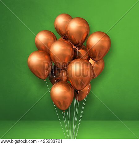 Copper Balloons Bunch On A Green Wall Background. 3d Illustration Render