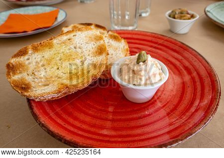Toast With Cheese Sauce, A Typical Starter In A Greek Restaurant.