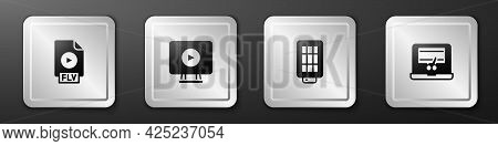 Set Flv File Document, Online Play Video, Softbox Light And Video Recorder On Laptop Icon. Silver Sq