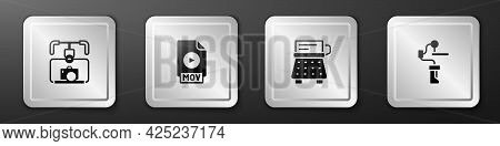 Set Gimbal Stabilizer With Camera, Mov File Document, Retro Typewriter And For Icon. Silver Square B