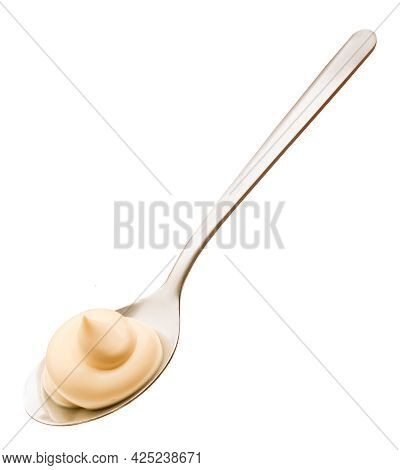 Mayonnaise Drop In The Spoon. Top View Of Sause Splash Isolated On White Background. High Reolution 