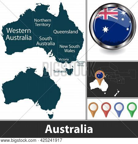 Map Of Australia With States And Territories And Location On Oceanian Map. Vector Image