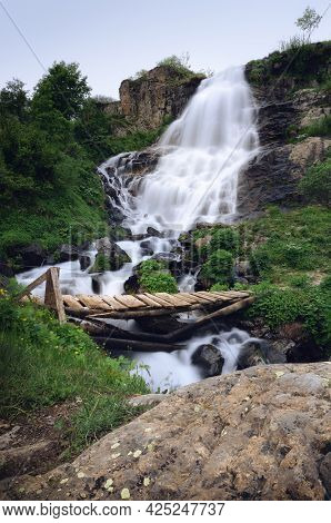 Famous Pisciai Waterfall In The Mountains Of Piedmont, Italy, On The Path To Refuge Migliorero, With
