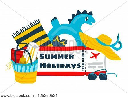 Vector Flat Image With A Set Of Beach Accessories.