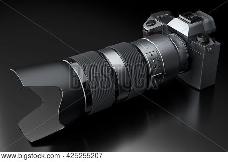 Concept Of Nonexistent Dslr Camera With Lens Isolated On A Black Background. 3d Rendering Of Profess