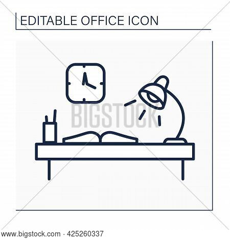 Workplace Line Icon. Comfortable Workplace With Table And Lamp. Furniture. Office Concept. Isolated 