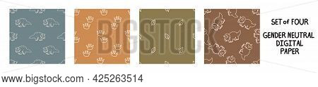 Seemless Background Triceratops Dinosaur Set Of 4 Patterns. Whimsical Minimal Earthy 2 Tone Color. K