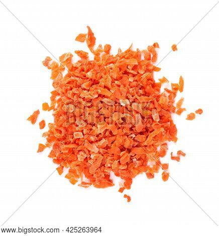 Dry Carrot Isolated On The White Background. Chopped Dried Carrot. And Herbs. Top View.