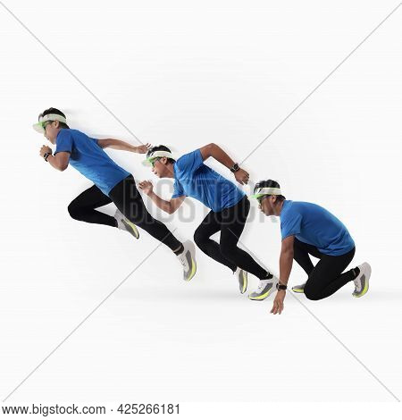 Composite Image Of Asian Male Runner From Start Position To Run, Over White Background