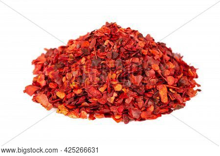 Dried Red Chili Flakes With Seeds, Isolated On White Background. Chopped Chilli Cayenne Pepper. And 