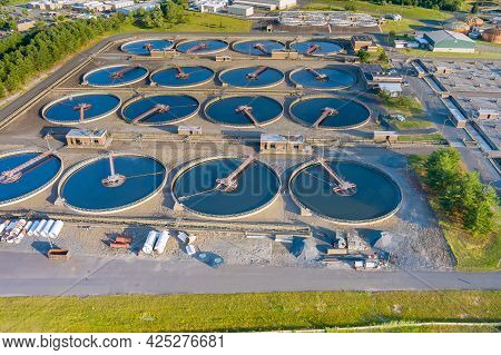 Aerial View Of The Solid Clarifier Tank Type Sludge Recirculation In Water Treatment Plant In Near B