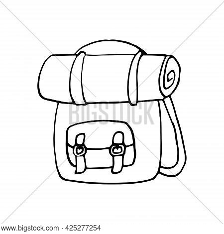 Backpack And Rolled Blanket Icon. Hand Drawn Doodle. Vector, Scandinavian, Nordic, Minimalism, Monoc