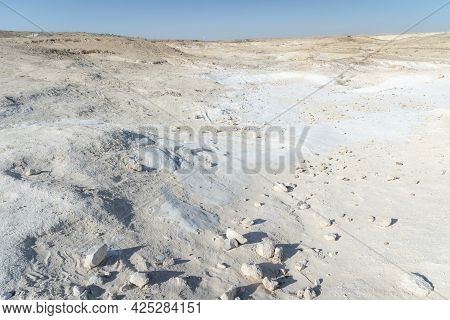 Beautiful Lunar Landscape. Wight And Smooth Hills In Various Shapes In A Desert Landscape. The Whiti