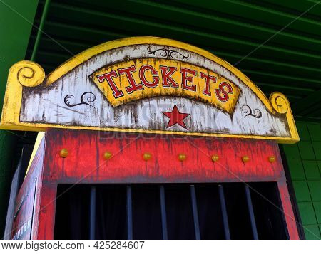 Old ticket booth at a carnival or circus selling ticket for rides and fun