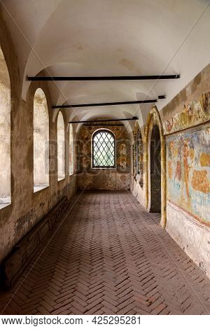 Empty Ancient Passway With Arch Windows High Ceiling And Old Ornament On Walls At Rostov Kremlin His