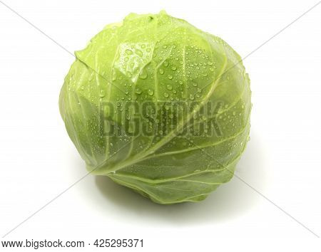 Green Cabbage Isolated On White Background. Head Of White Cabbage