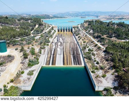 Aerial View Of Water Reservoir, Concrete Rapid And Closed Reservoir Locks Of A Dam. Berdan Dam, Tars