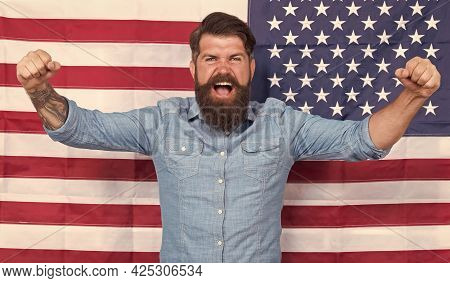 Happy Man Feel Success. Successful Usa Trip. Patriotic And National Glory. English Study Speak. Expr