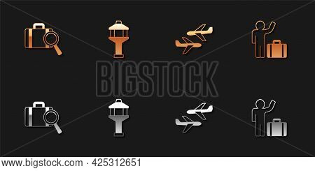 Set Lost Baggage, Airport Control Tower, Plane And Tourist With Suitcase Icon. Vector