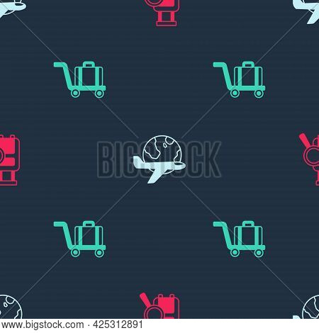Set Lost Baggage, Globe With Flying Plane And Trolley On Seamless Pattern. Vector