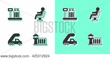 Set Airport Control Tower, Scale With Suitcase, Passenger Ladder For Plane Boarding And Human Waitin