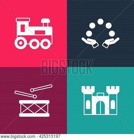 Set Pop Art Castle, Drum With Drum Sticks, Juggling Ball And Toy Train Icon. Vector