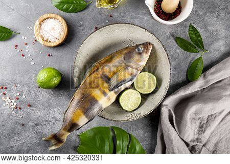Raw Fish Sea Bass Or Lingcod And Seasonings For Cooking It On A Gray Background Top View