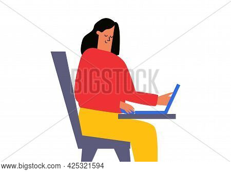 Cute Happy Girl With A Laptop Sitting On A Chair, Remote Work, Study