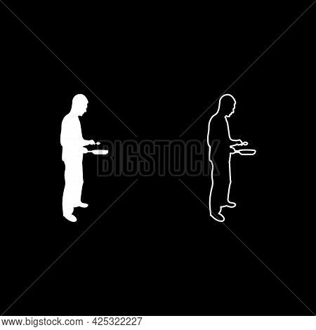 Man Holds Frying Pan Spoon Chef Holding Kitchen Utensil Professional Using Kitchen Staff Concept Dom