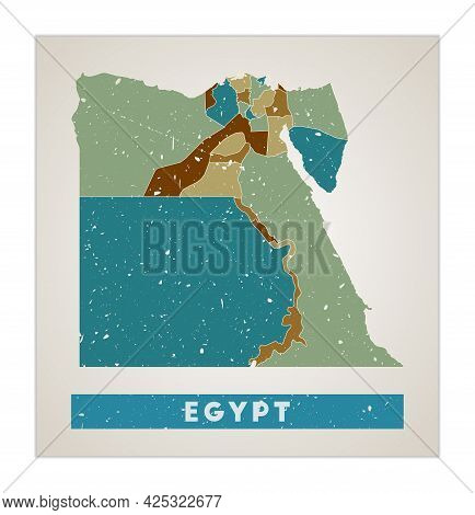 Egypt Map. Country Poster With Regions. Old Grunge Texture. Shape Of Egypt With Country Name. Captiv