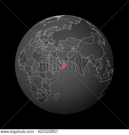 Dark Globe Centered To Oman. Country Highlighted With Red Color On World Map. Satellite World Projec