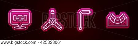 Set Line Skateboard Wheel, Y-tool, Tool Allen Keys And Park. Glowing Neon Icon. Vector