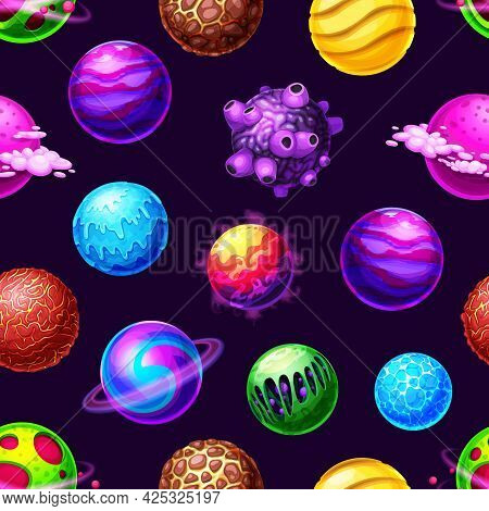 Cartoon Galaxy Planets And Space Stars Seamless Pattern, Vector Universe Background. Galaxy Asteroid