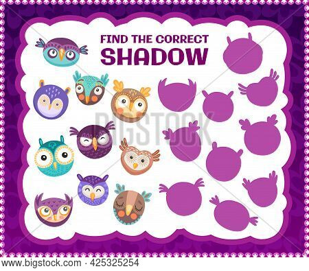 Find The Correct Owl Bird Shadow, Kids Education Riddle Game. Cartoon Vector Worksheet For Logical M