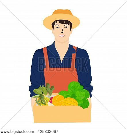 A Farmer Holds A Box Of Vegetables. Vector Stock Illustration. A Man In A Straw Hat, Smiling, Delive