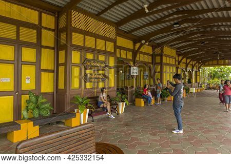 Trang, Thailand - January 1,2019 : People Waiting To Board A Train At Kantang Railway Station In Tra