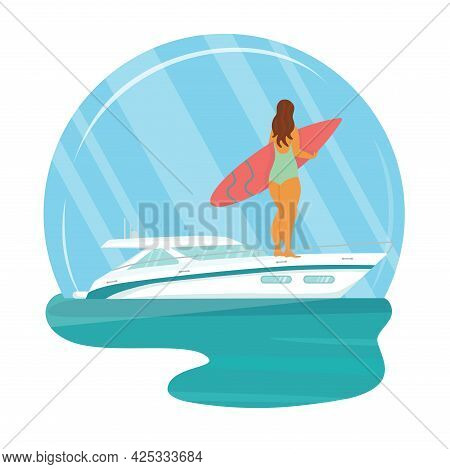 Speed Yacht With Surfer Body Positive Woman In Sea, Ocean. Summer Vacation Seaside Concept. Vector S