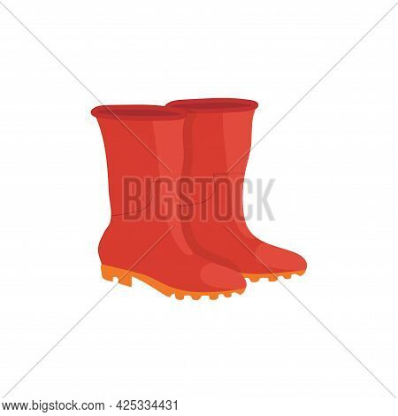 Pair Of Red Rubber Boots With Yellow Soles On White Background Isolate