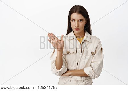 No, Enough Stop It. Serious Brunette Woman Wave Hand In Refusal, Rejecting Smth, Declining, Unwillin
