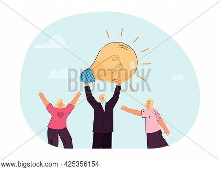 Leader Holding Light Bulb Over His Head Flat Vector Illustration. Business Team Coming Up With Creat