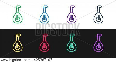 Set Line Musical Instrument Lute Icon Isolated On Black And White Background. Arabic, Oriental, Gree