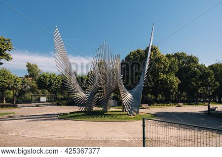 Burgos, Spain - June 29, 2021: Sculpture Of The Iron And Rust Collection Of A Piranha Fish By Sculpt