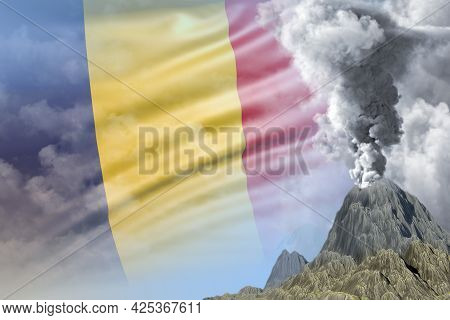High Volcano Blast Eruption At Day Time With White Smoke On Romania Flag Background, Problems Of Nat