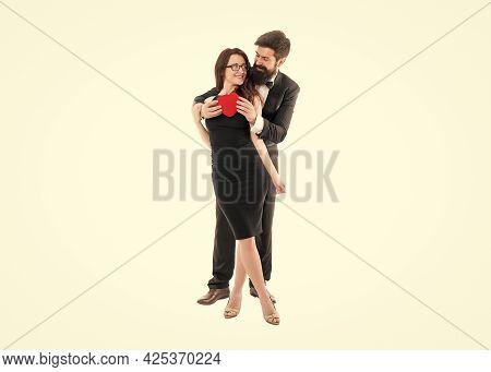Completely In Love. Blind Love And Manipulations. Man Formal Suit And Attractive Woman. Love And Rom