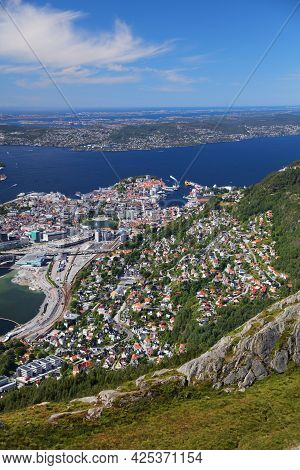 Bergen City, Norway. Summer Aerial View Of Downtown Bergenhus And Bryggen Districts.