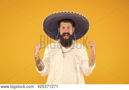 Happy Brutal Male Celebrating Fiesta. Guy Wear Poncho. Sombrero Party Man. Man In Mexican Sombrero H