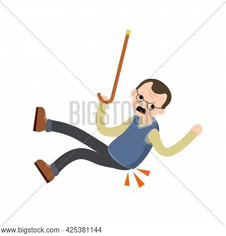 Old Man Falls To Ground. Sore Spot And Back Pain. Grandfather Failure And Injury. Cartoon Flat Illus