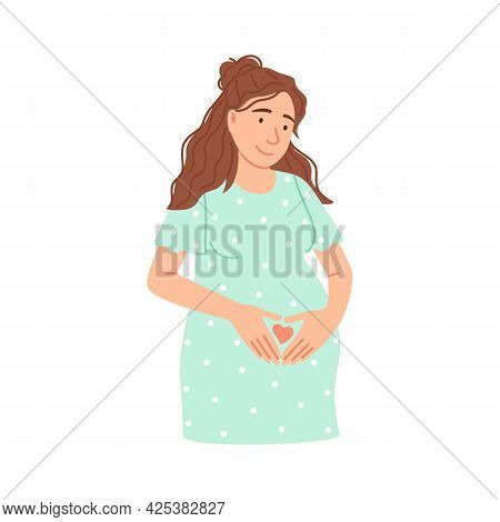 Flat Pregnant Woman Isolated On White. Beautiful Caucasian Expectant Lady Waiting Baby Birth. Pregna